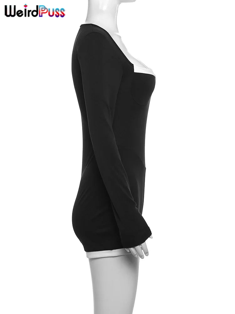 Weird Puss Square Collar Playsuit Women Fall Chic Patchwork Long Sleeve Skinny Stretch  Long Sleeve Romper Streetwear Overalls