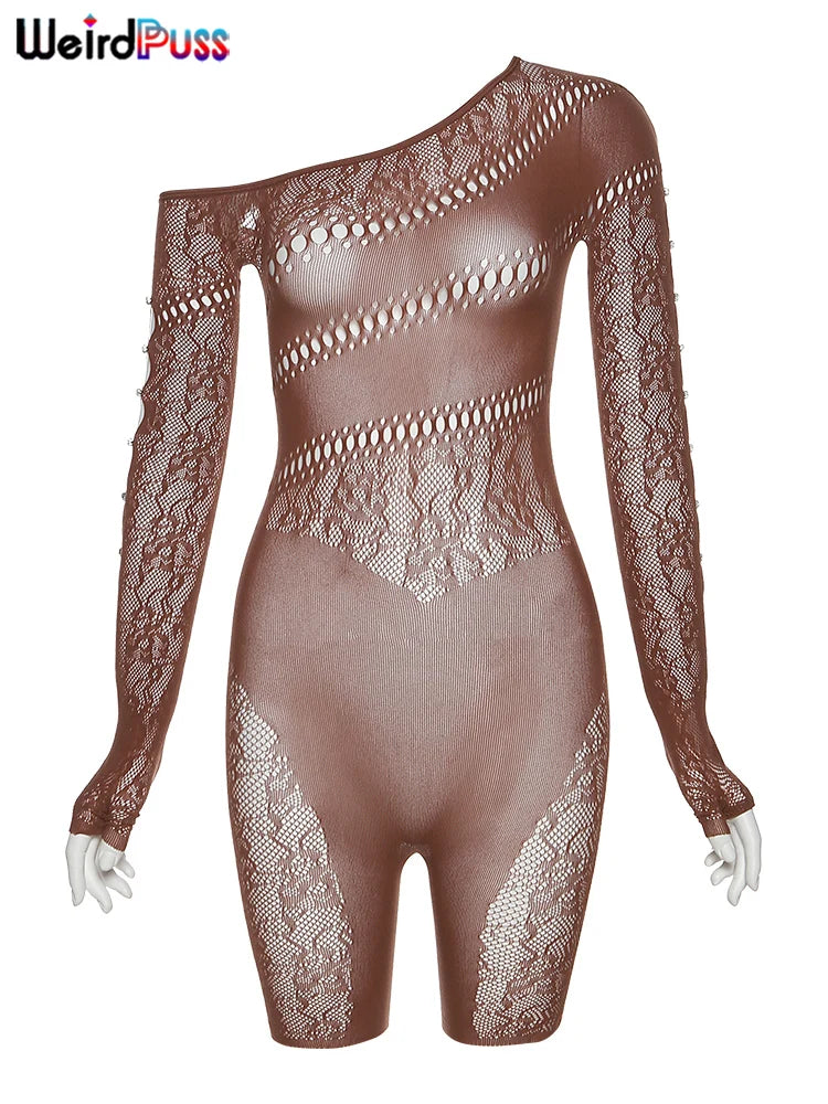 Weird Puss See Through Romper Women Sexy  Hollow Rhinestones Long Sleeve Skinny Irregular Off Shoulder Body-Shaping Playsuits