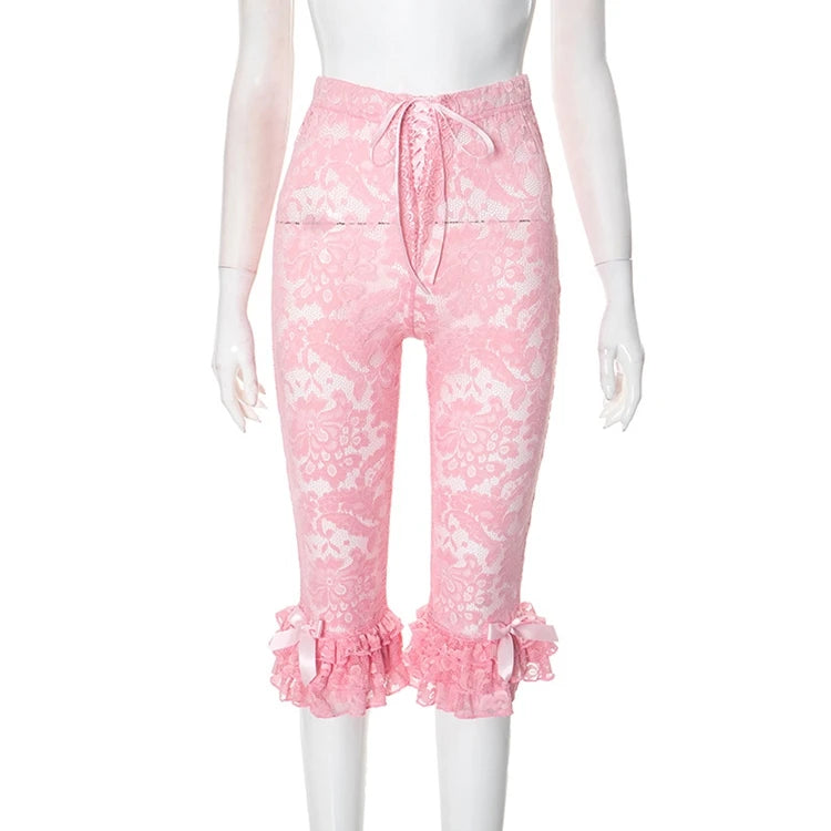 Lace Knee Length Pants, Summer Women Midi Waist Hollow Out Sexy Club Party See Through Leggings Pants