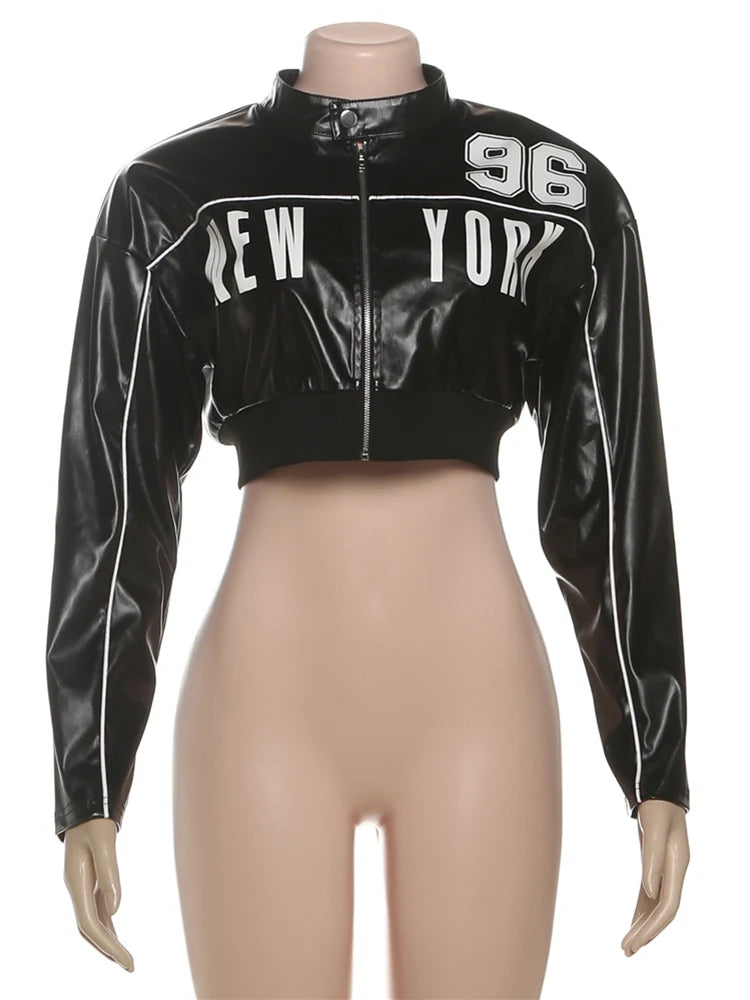 Weird Puss PU Jacket Women Letter Print Patchwork Uniform Hipster Button Zip Trend Sporty Street Varsity Casual Fall Crop Coat