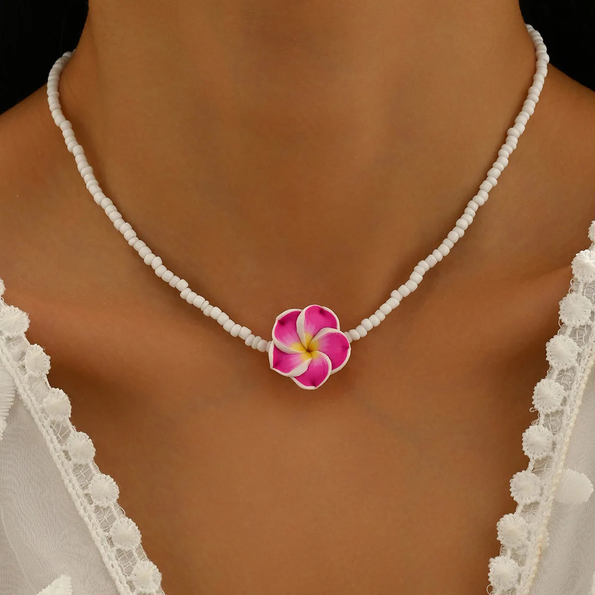 Boho Y2K Polymer Clay Flower Charm Necklace For Women Handmade Beaded Choker Necklace Girls Summer Jewelry Vacation Accessories