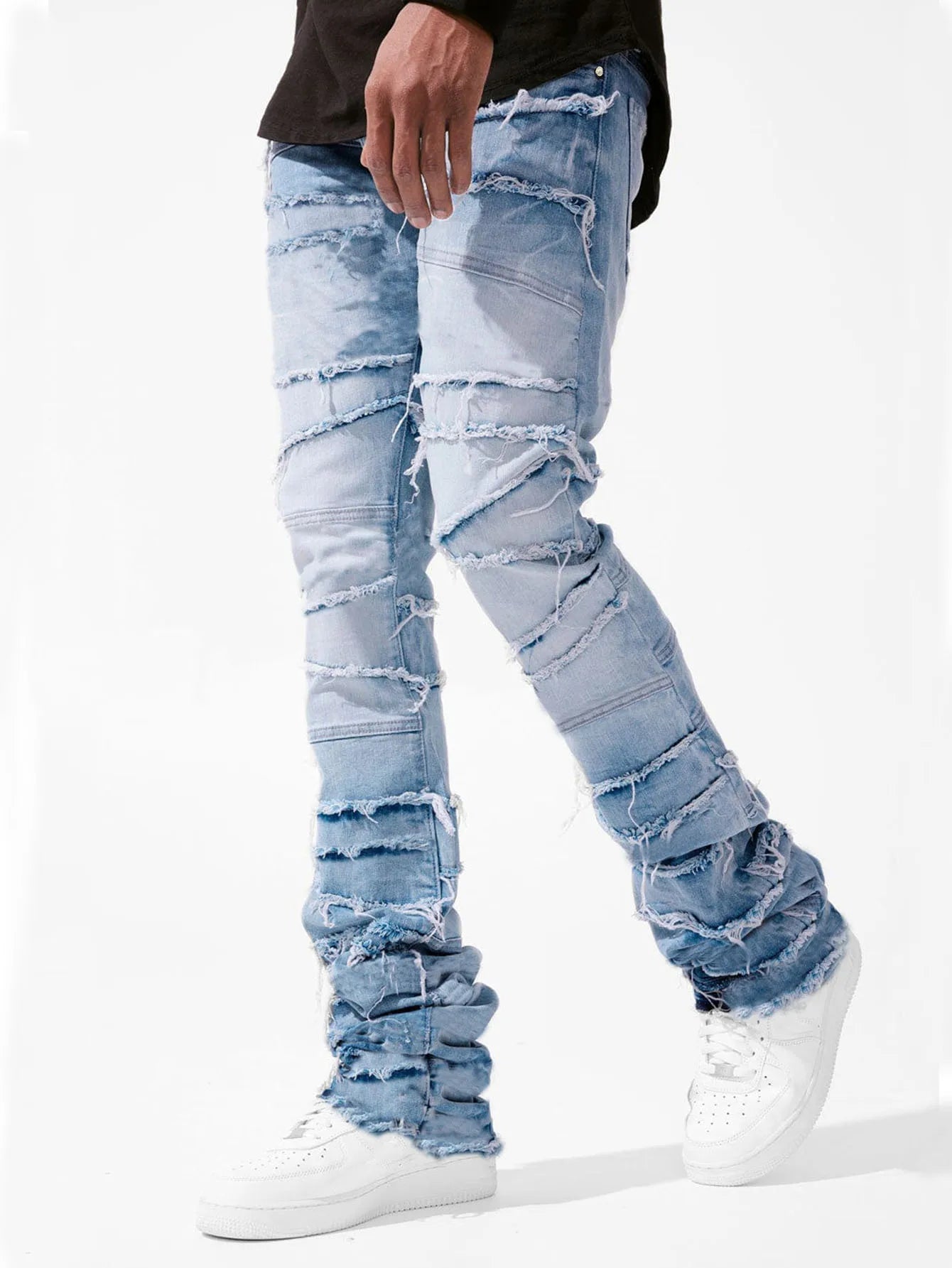 Straight Pant Men Jeans Denim Pants Slim Fit Irregular Folds Tassel Splice Simple Button Pocket High Street Trousers Spring