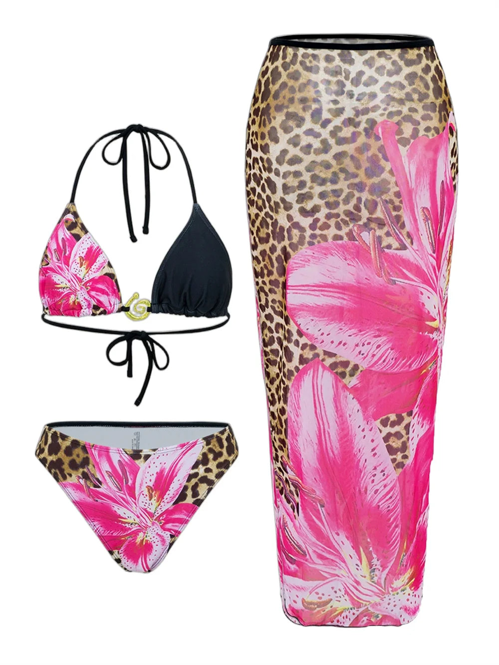 2025 New Flower Print Bikini Set Women's High Waist Long Skirt 3 Piece Swimsuit Sexy Mini Triangle Backless Thong Bathing Suit