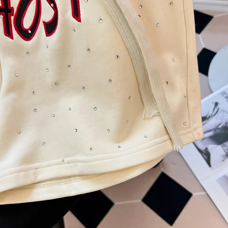 Diamond Patch Embroidered Letter Logo Casual Shorts Loose Drawstring Shortpants Jorts for Men Women