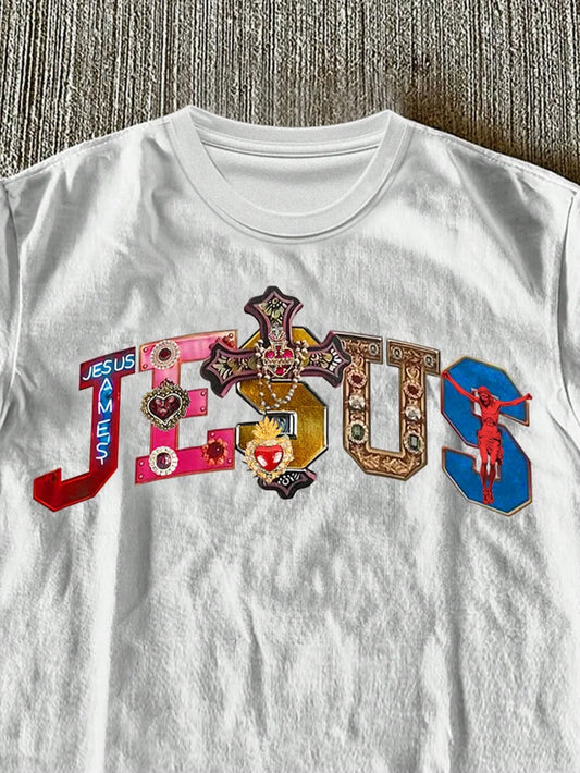 (220 Cotton T-Shirt) Men's Religious Faith Multicolor Cross & Jesus Text Graphic Printed T-Shirt