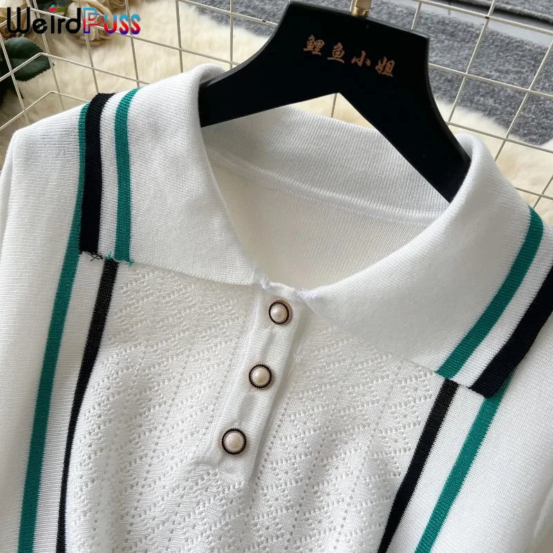 Weird Puss Contrast Stripe Dress Women Knitted Polo-Neck Short Sleeve Ruffles Stretch Hem  Casual Trend Streetwear Mini Bodycon