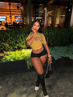 STYLISH LADY Letter Printed Mesh T Shirts 2025 Summer Women Short Sleeve O Neck See Through Sexy Club Party Street Tops Tees