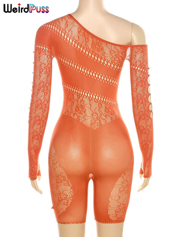 Weird Puss See Through Romper Women Sexy  Hollow Rhinestones Long Sleeve Skinny Irregular Off Shoulder Body-Shaping Playsuits