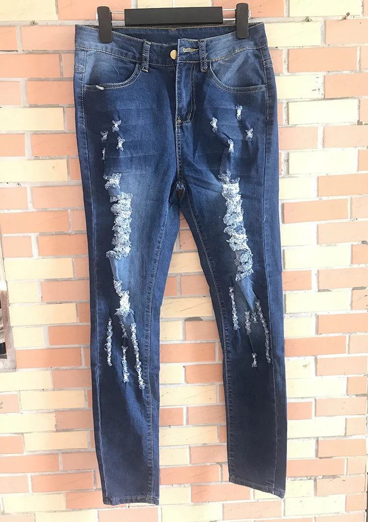 HOLE,  ladies 2025 High Waist Ripped Jeans for female, Skinny Black Pockets Jeans Elastic Slim Jean Female Femme Pants
