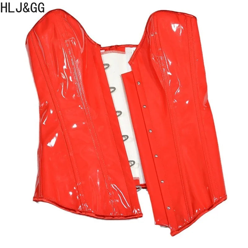 HLJ&GG Sexy Glossy Leather Two Piece Sets Women Off Shoulder Slim Crop Top+Leopard Shorts Outfits Fashion Y2K Streetwear