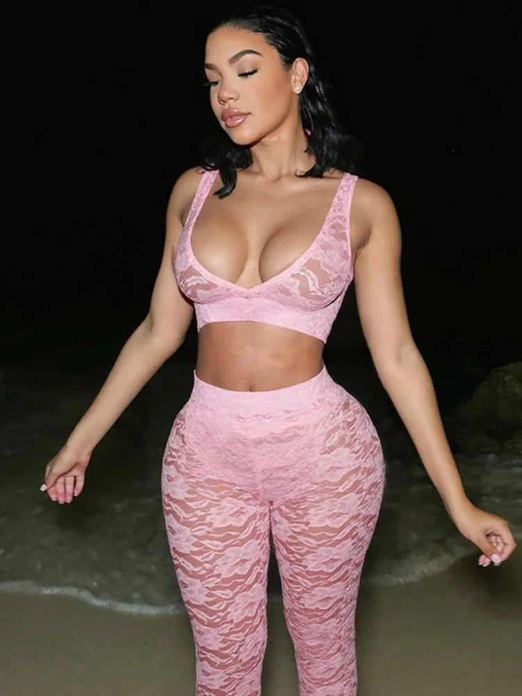 2 Piece Set, lace Coquette Wide Belt Tank Tops+Leggings