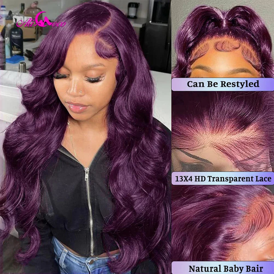 Dark Purple 13x4 Body Wave Lace Front Wigs Human Hair 180% Density Deep Smokey Purple Body Wave Wigs for Women Pre Plucked
