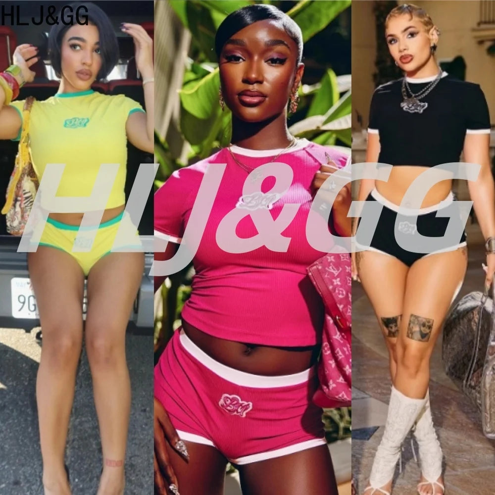 HLJ&GG Y2K Fashion Hot Girl Embroidery Two Piece Sets Women Round Neck Slim Crop Top And Shorts Outfits Summer New 2pcs Outfits