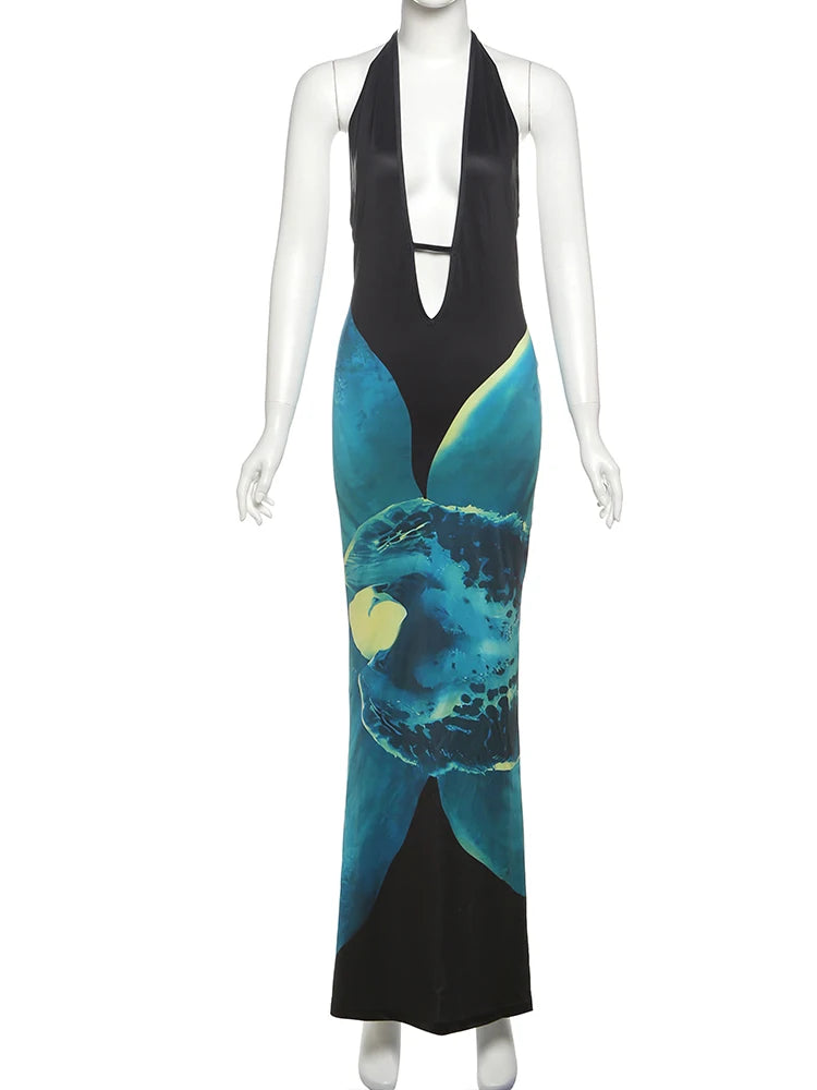 Weird Puss Orchid Print Women Halter Dress Sexy Y2K Sleeveless Backless Bandage Behind Splits Elegant Midnight Clubwear Vestidos