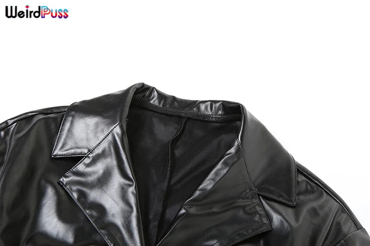 Weird Puss PU Hipster Leather 2 Piece Set Women Fall Trend v-Neck Cross Sash Sexy Crop Tops+Shorts Matching Streetwear Outfits