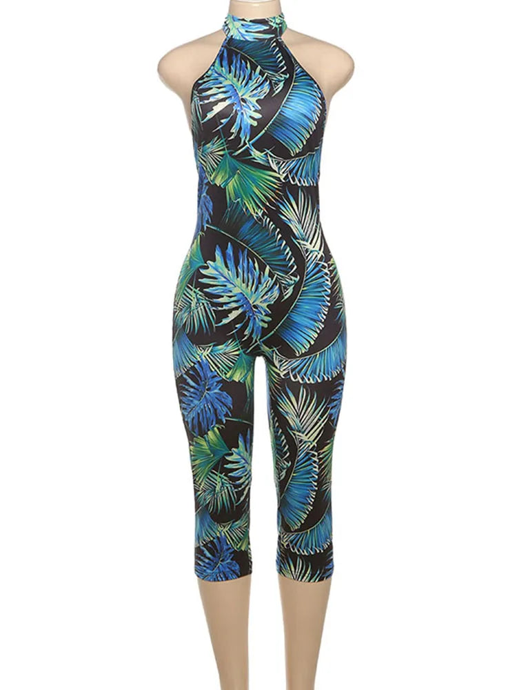 Weird Puss Colorful Print Romper Women Halter Bandage Summer Sexy Hipster Backless Activity Workout Fit Tight Stretch Playsuits