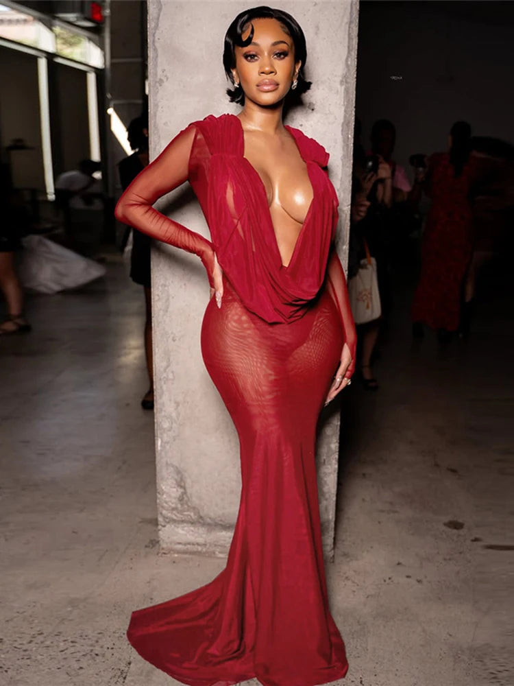 Weird Puss Sexy Thin Mesh Dress Women Deep Swing Collar Ruched Elegant Birthday Prom Party Clubwear Stretch Skinny Maxi Bodycon