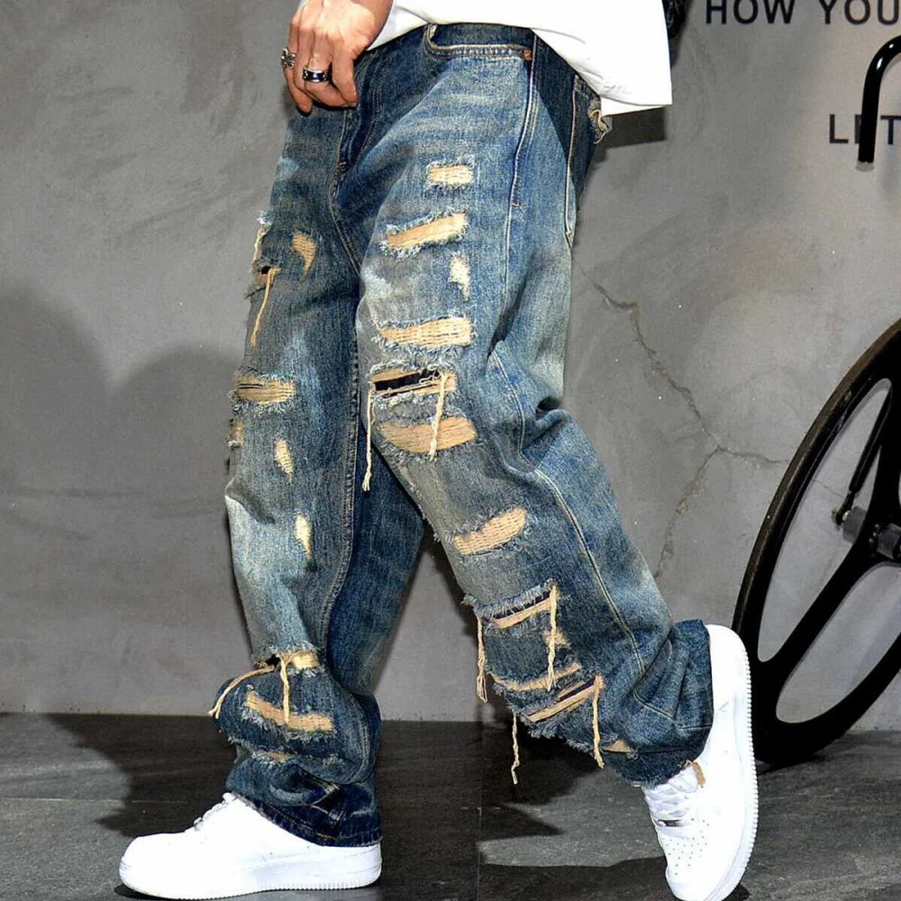 Ripped Baggy Jeans Distressed Denim Streetwear Skateboard Pants Straight Leg Patchwork Oversized Urban Fashion Workwear, men's jeans