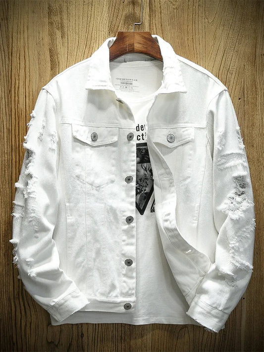 Jackets Men Denim Coats Hole Jacket Casual Loose Single Breasted Turn Down Collar Full Sleeve Simple Autumn Winter Coat