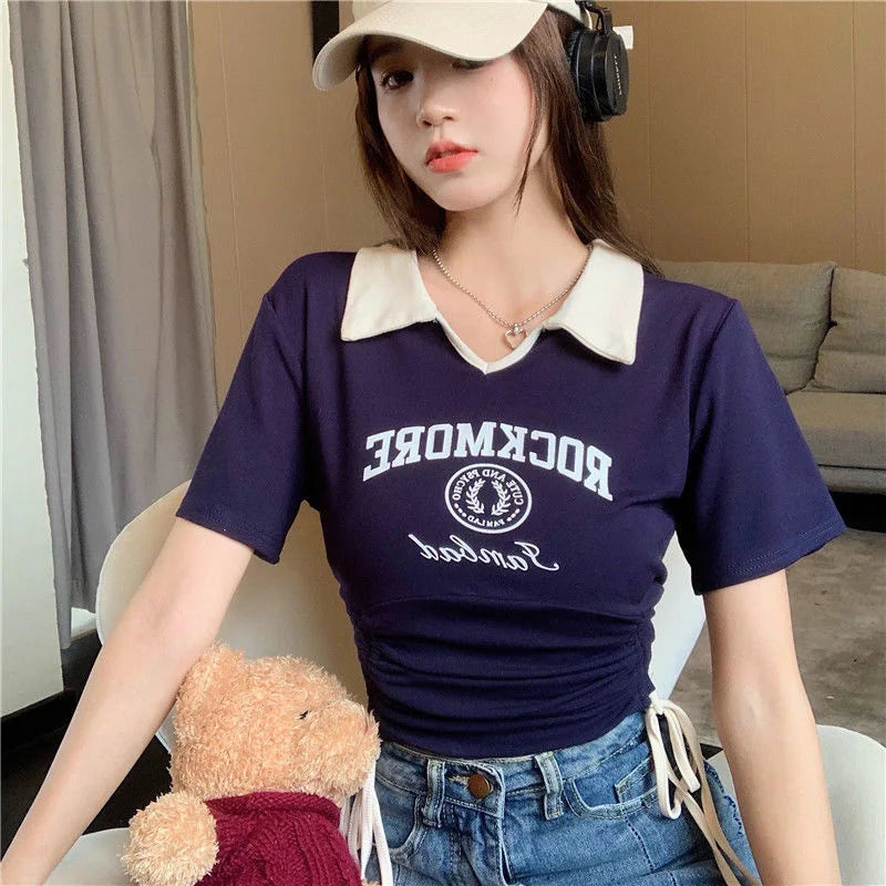 Drawstring Tie Up Crop Tops, Turndown Collar Graphic Short Sleeved Top