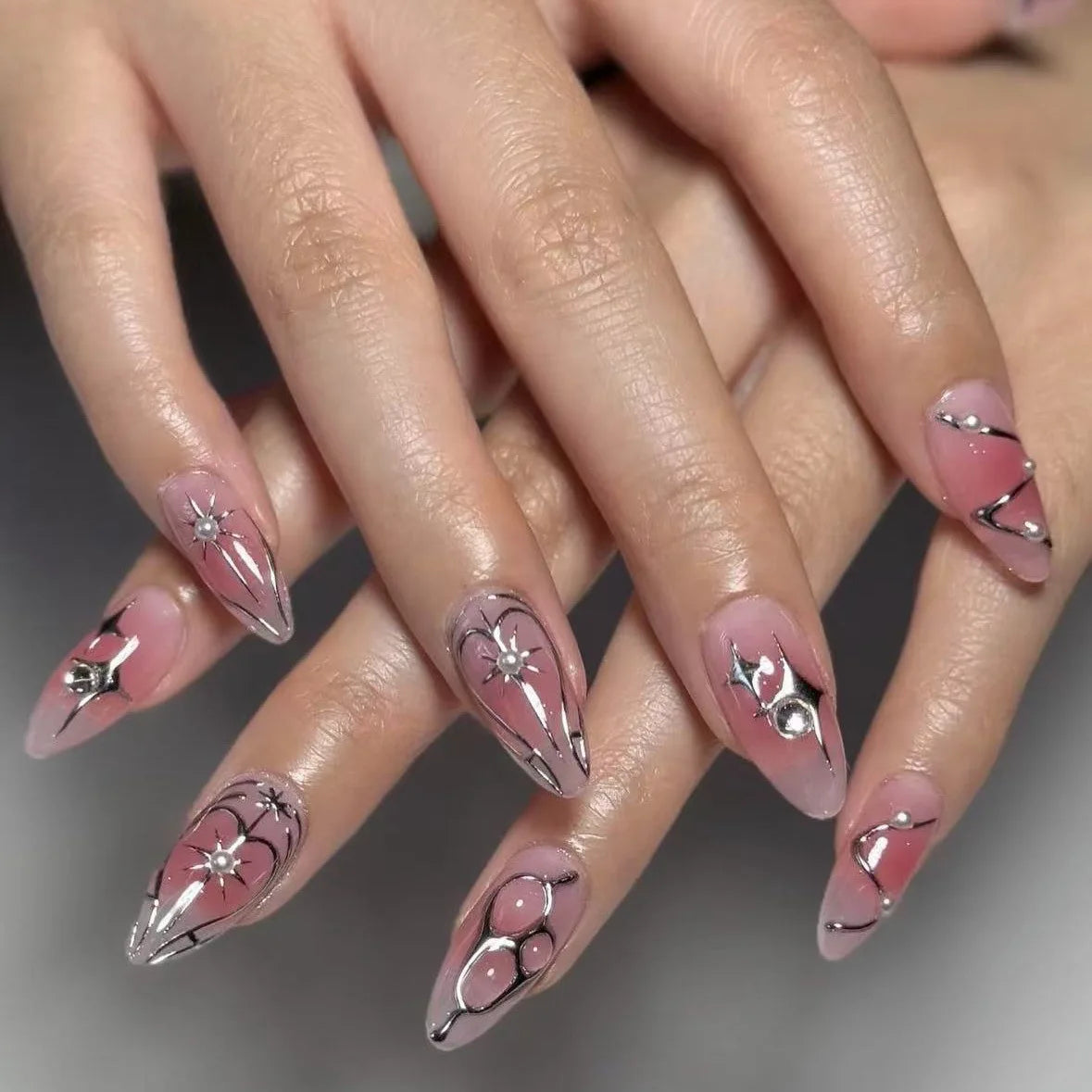 24pcs French Almond False Nails Sweet Pink Pearl Bow Decor Fake Nails Wearable Detachabe Sweet Korean Press on Nails for Girls