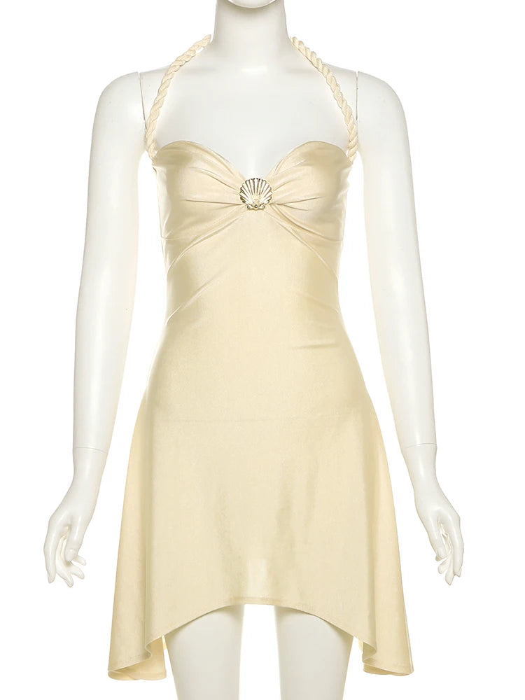 Weird Puss Shell Metal Satin Dress Women Y2K Plait Halter Sexy Low-Neck Irregular Backless Sleeveless Ruched Summer Mini Bodycon