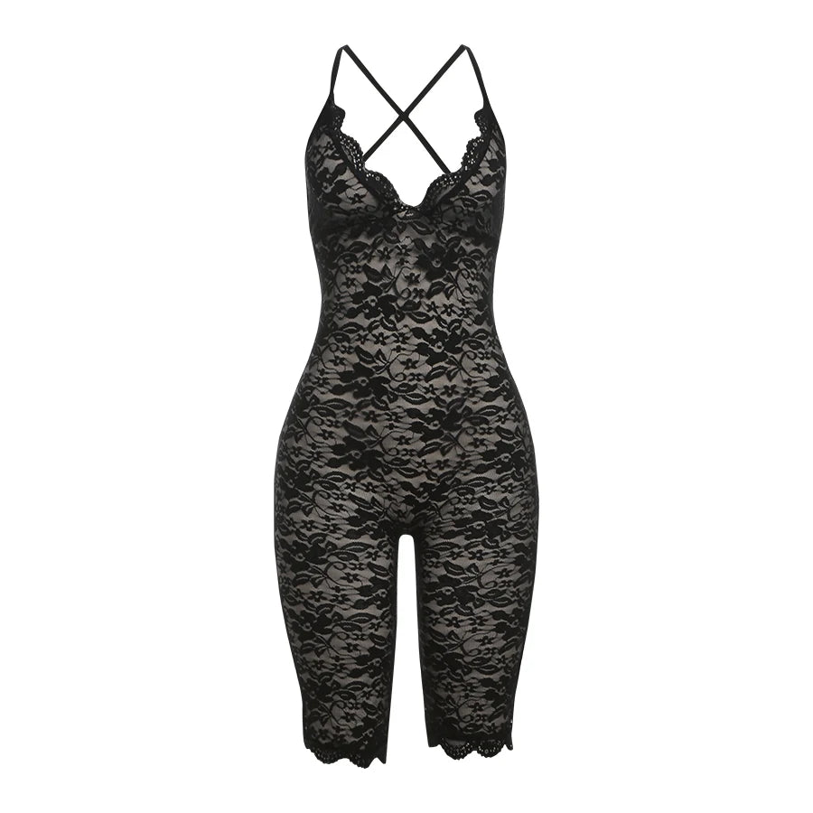 Weird Puss Coquette Playsuit Women Mesh Midnight Backless Sleeveless v-Neck Sexy Summer Hipster Skinny Fitness Stretch Romper