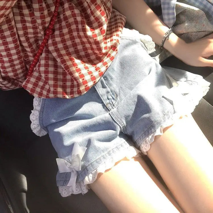 Japanese Preppy Style Bow Lace Patchwork Y2k Shorts Women Summer Straight Hotsweet High Waist jeans Short Pants Ruched