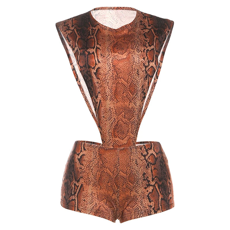 Weird Puss Sexy Patchwork Romper Women Snake Print Side Hollow Waistless Sleeveless Skinny Clubwear Midnight Stretch Playsuit