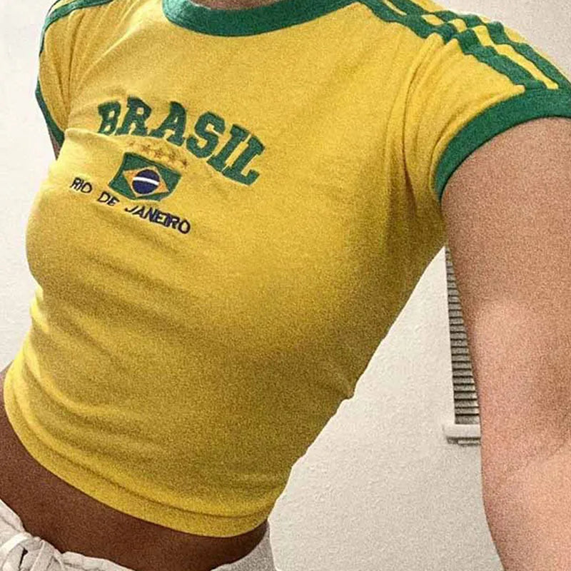 Aesthetic BRASIL Letter Print T-Shirt and Shorts Suit, Vintage Grunge  Short Sleeve Baby Tees, Summer Crop Top Y2k Clothe
