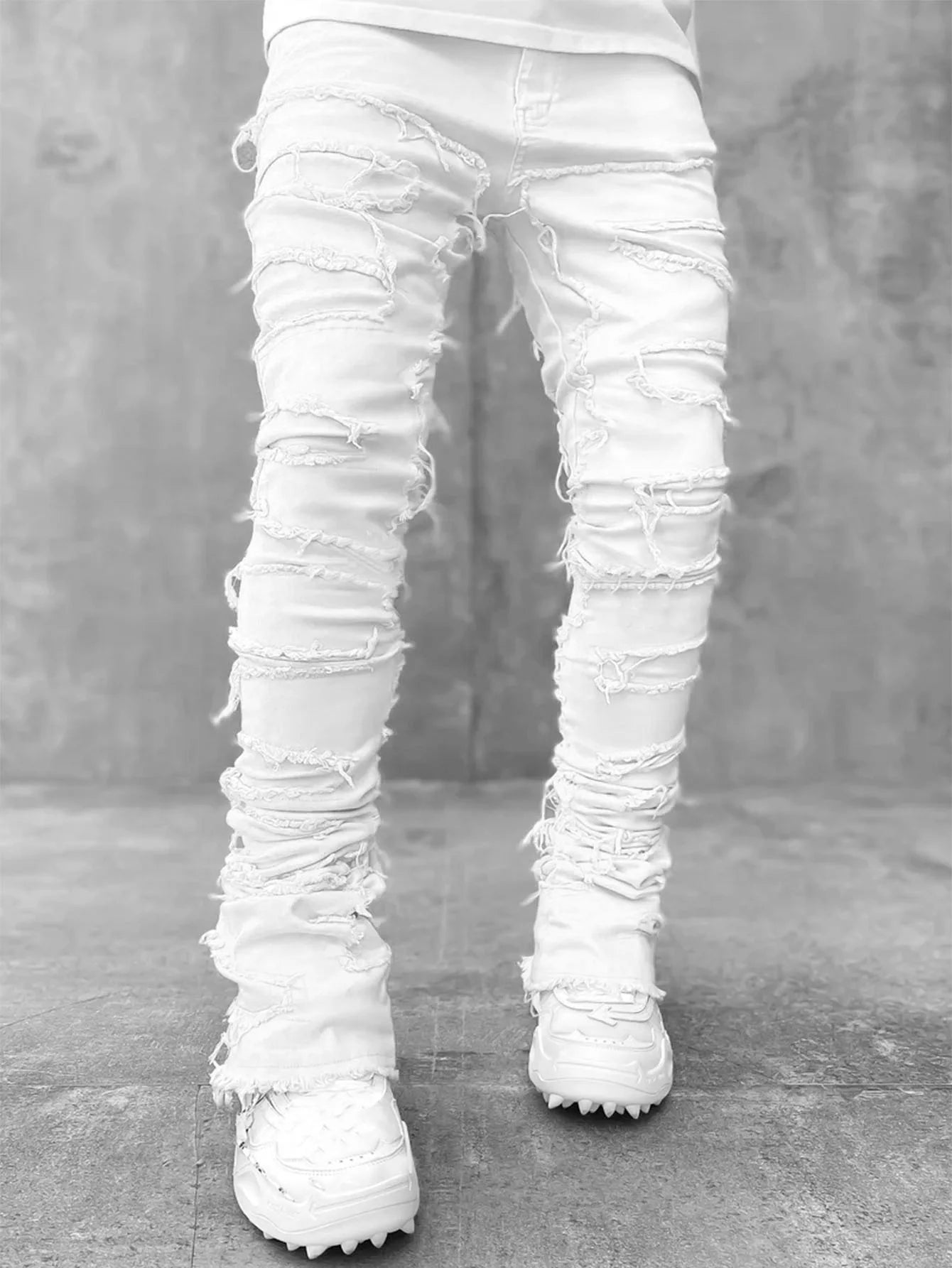 2025 New Men's Stacked Jeans Stretched Patchwork Tassel Damaged Denim Full Length Pants Hip-pop Trousers For Male