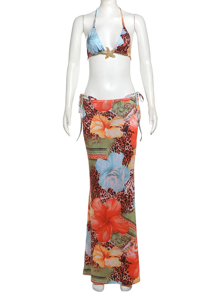 Weird Puss Beach Style Women 3Piece Set Swimsuit Colorful Print Bandage Bra+Briefs+Maxi Skirts Vacation Midnight Club Party Suit