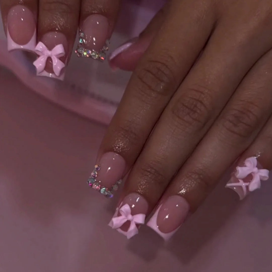 24pcs Nude Pink False Nails Patches 3D Bowknots Flower Press On Nails 2024 New Wearable White French Style Fake Nail Tips