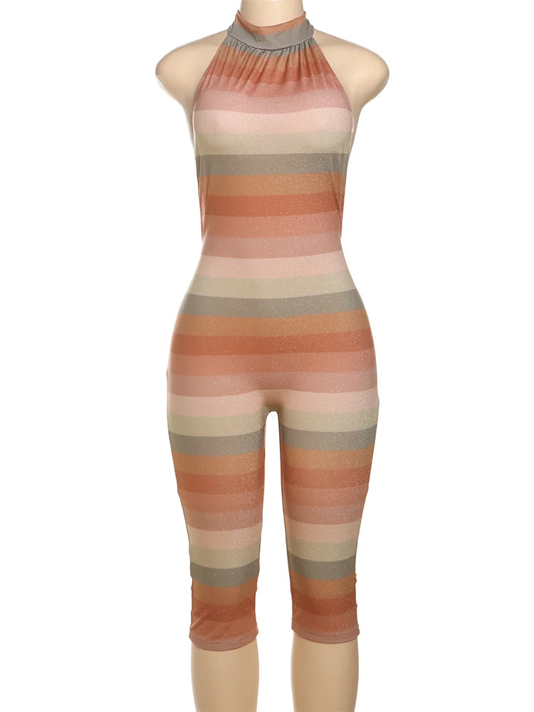 Weird Puss Backless Romper Women Colorful Print Sleeveless Summer Fit Bright Silk Midnight Club Workout Activity Sexy Overalls