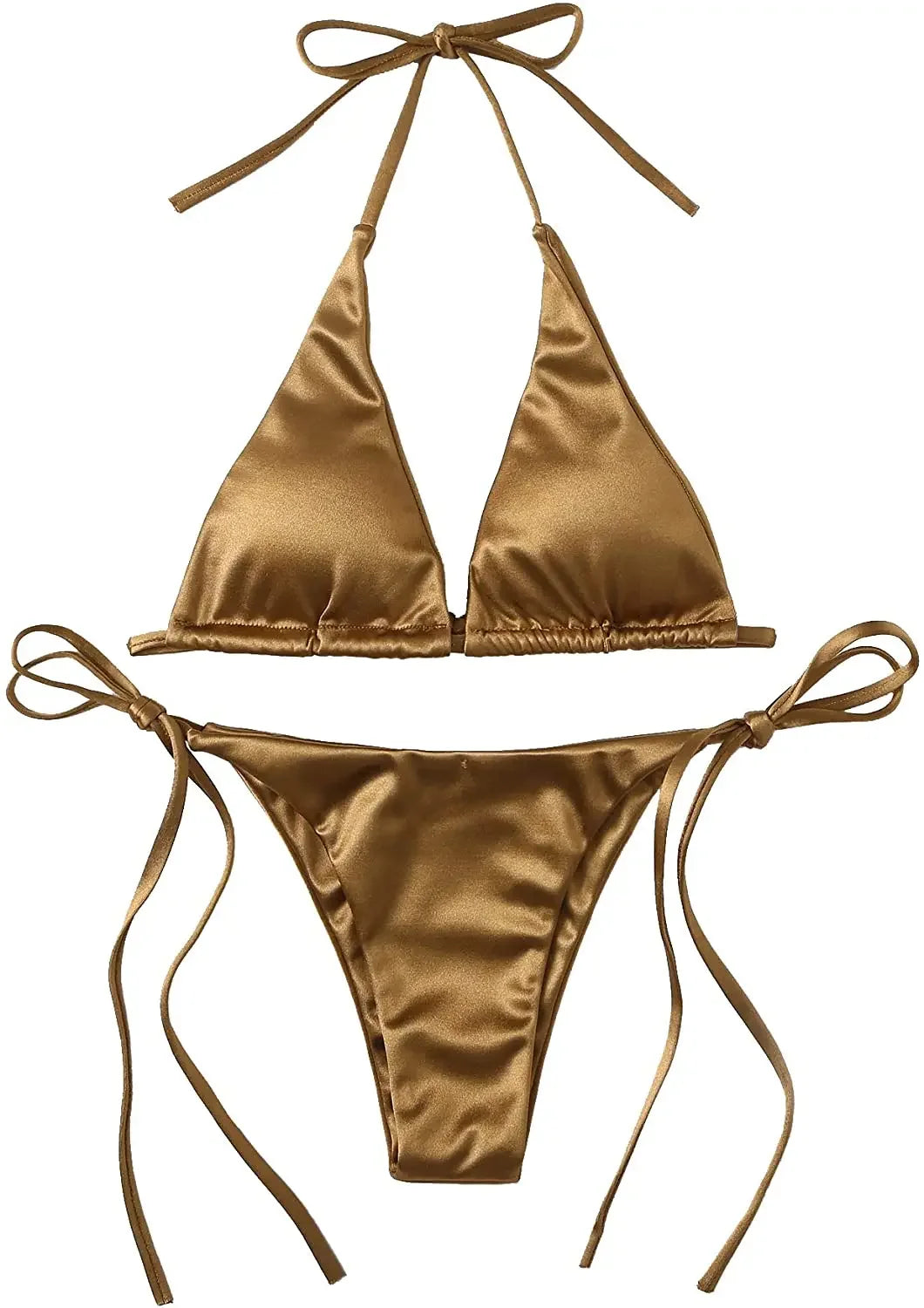Halter Brazilian Metallic Satin Bikini  Swimwear, Swimsuit Two-pieces Bikini Set High Cut Bathing Suit Swim Beachwear