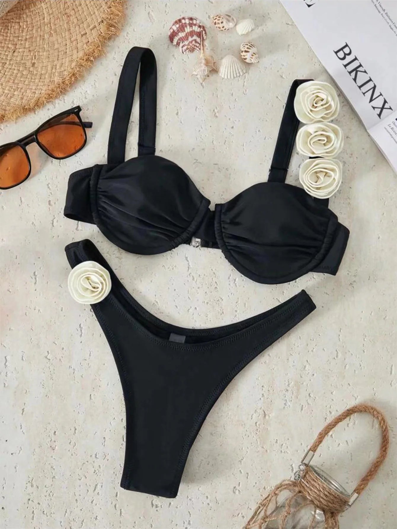 Sexy Solid Backless Floral Bikini  Set Women Split Swimsuit High Waist Beach Bikini 2025 New Summer Swimwea Bikinis Set