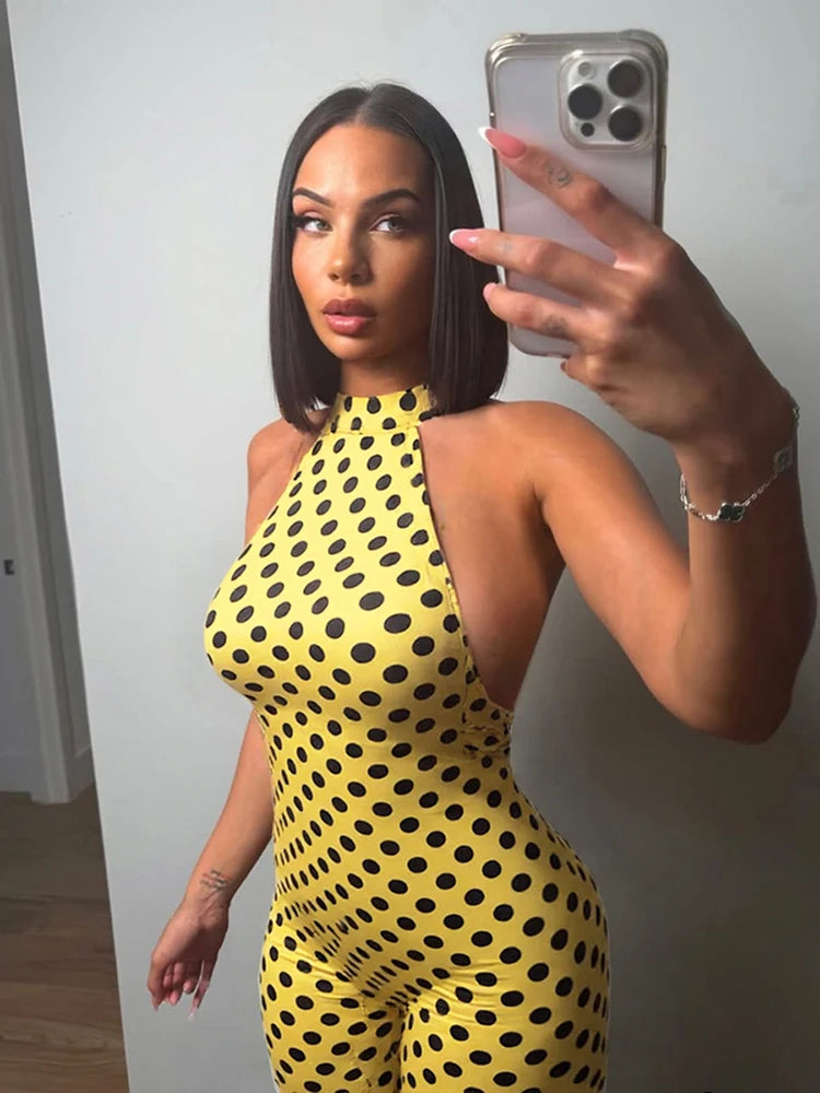 Weird Puss Colorful Print Romper Women Halter Bandage Summer Sexy Hipster Backless Activity Workout Fit Tight Stretch Playsuits