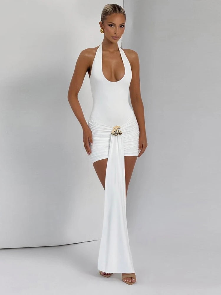 Weird Puss Metal Ribbon Dress Women Y2K Elegant Summer Halter Bandage Folds Peach Buttocks Backless Skinny Sexy Midnight Bodycon