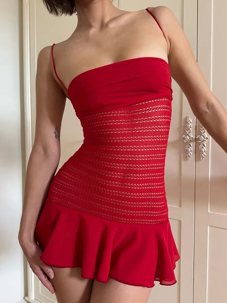 Weird Puss Hollow Dress Women Fold Straples Patchwork Low-Neck Sleeveless Backless Sexy Midnight Summer Trend Party Mini Bodycon