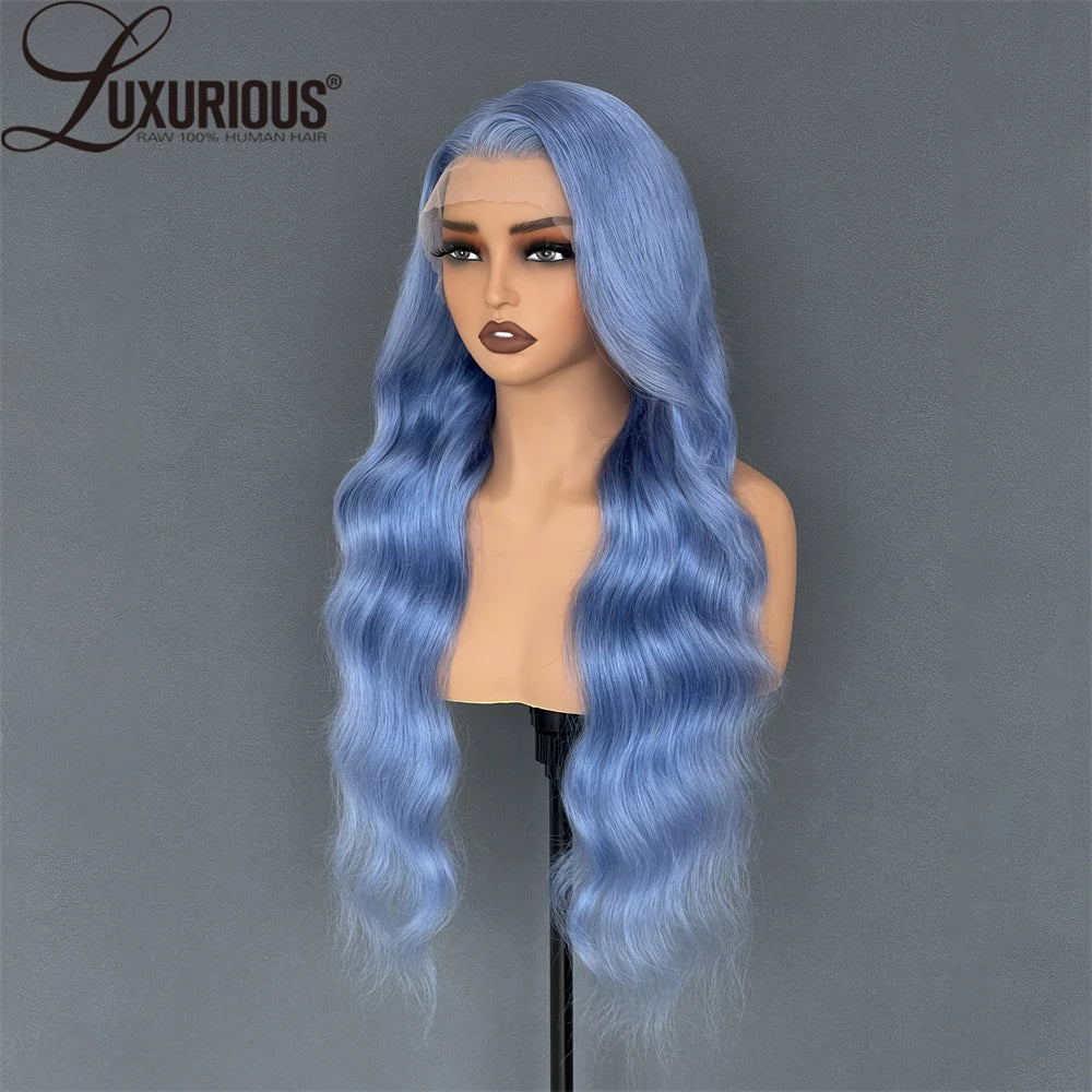Luxurious 180% Density Ice Blue Virgin Human Hair Wigs 13x4 Body Wave Swiss Transparent Lace Front Wigs With Natural Hairline