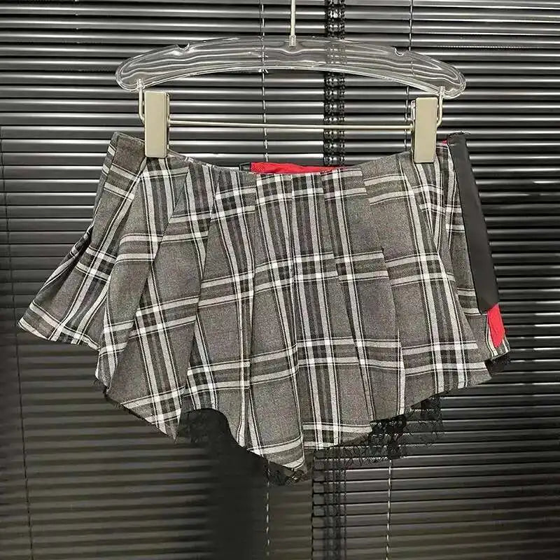 DEAT 2025 Summer New Patchwork Plaid Irregular Pleated Mini Skirt, Zipper Pockets Lace Design Skirts 29L7565