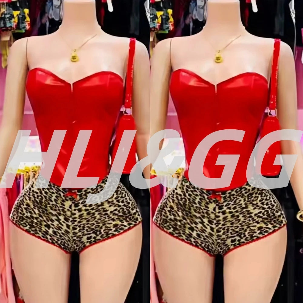 HLJ&GG Sexy Glossy Leather Two Piece Sets Women Off Shoulder Slim Crop Top+Leopard Shorts Outfits Fashion Y2K Streetwear