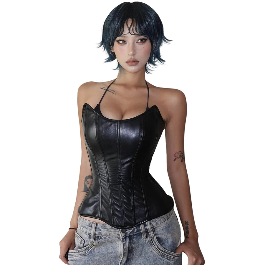 Weird Puss Sexy Faux Leather Tank Top Women Fashion Casual Sleeveless Patchwork Irregular Hem Coquette Midnight Party Club Vest
