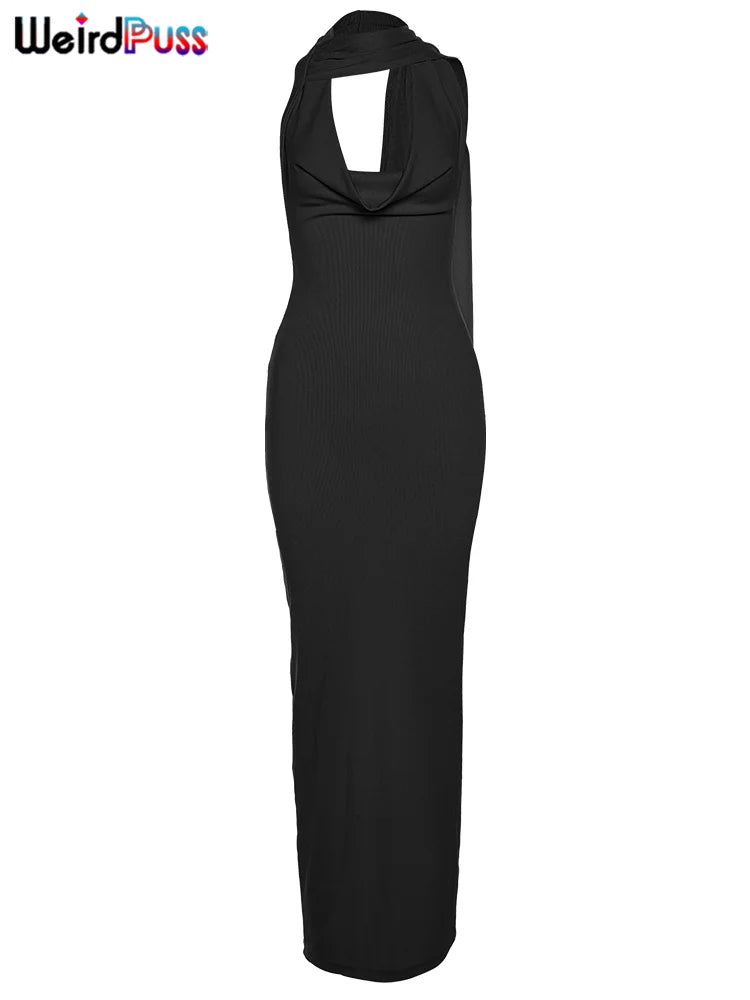Weird Puss Backless Halter Women Evening Dress With Scarf Hollow Back Split Skinny Ladies Formal Occasion Prom Bodycon Vestidos