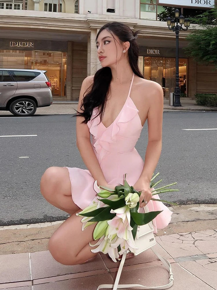 Weird Puss Halter Ruffles V-Neck Dress Women Backless Elegant Sexy Summer Fashion Solid Birthday Party Clubwear Mini Bodycon