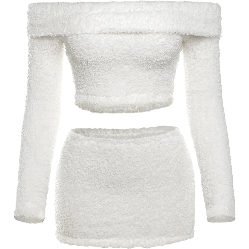 Weird Puss Furry Women 2 Piece Est Skinny Fall Elegant Slash Neck Crop Tops+Peach Hip Skirts Casual Matching Streetwear Outfits
