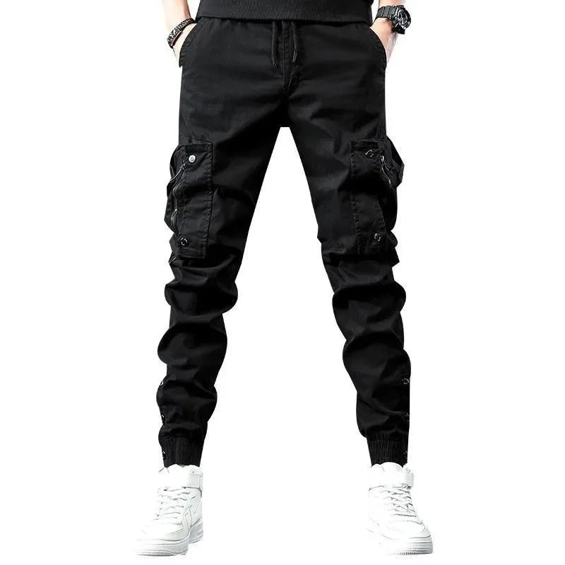 Trendy Men's Spring Autumn Cargo Pants Slim Fit Casual Style Loose Fit American Style Multiple Pocket Small Foot Pants Black