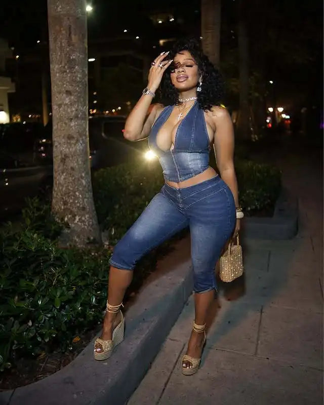 Blue Fashion jeans Halter Two Piece Sets Women Sleeveless, Backless Slim Crop Top And Skinny Jean Pants Outfits Streetwear