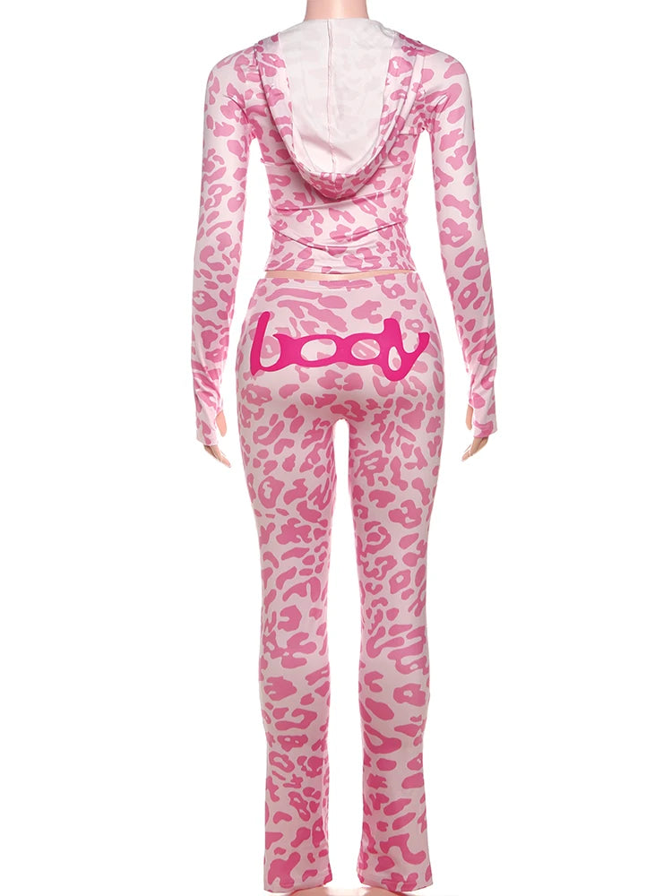 Weird Puss Leopard Print 2 Piece Set Women Tracksuit Letter Zip Hooded Crop Jacke+Leggings Matching Casual Sporty Street Outfits
