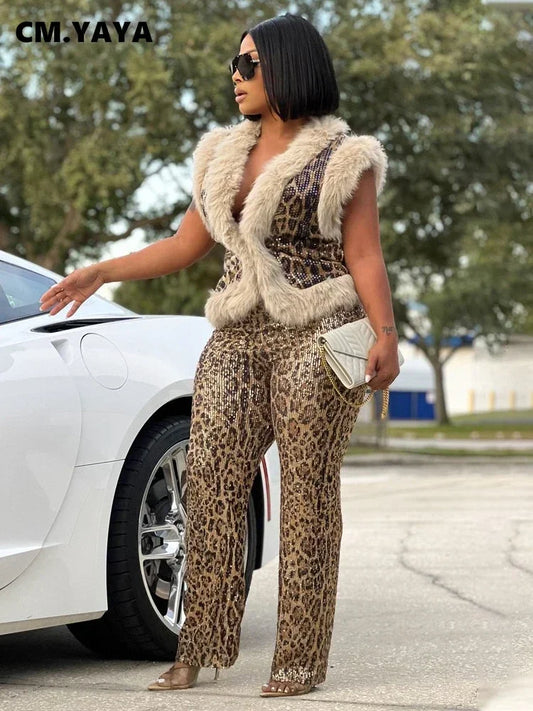 CM.YAYA Women's Set Sleeveless Fur Leopard Sequined V-neck Wool Vest and Pant Suits 2024 Street Two 2 Piece Set Outfit Tracksuit